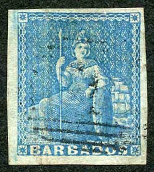 BARBADOS SG9 1855 1d Pale Blue on White Paper Four Margins Cat 70