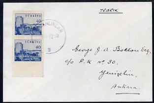 Turkey 1959 40k def vert pair on local cover, lower stamp...