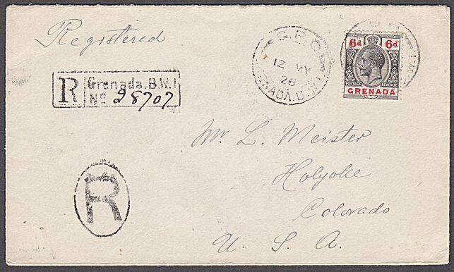 GRENADA 1926 GV 6d on registered cover to Holyoke, Colorado................54756