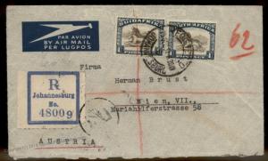 South Africa Greece 1937 Registered Austria Rohrpost Pneumatic Cover 88941