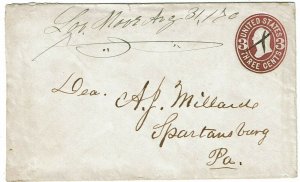 1870 Latimore, PA (DPO) manuscript cancel on 3c stationery envelope, first year