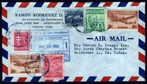 Cuba Certified Cover, Havana to Baltimore MD (#420, 421, C75, RA16, RA21)