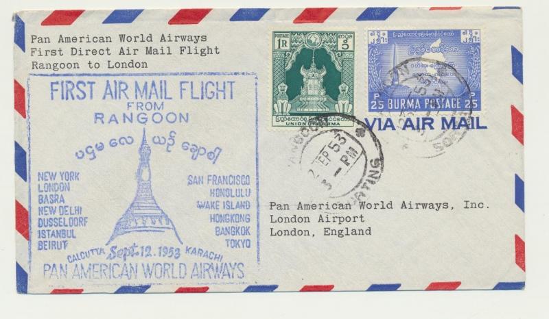 BURMA TO UK 1953, PAN AM 1st FLIGHT COVER, RANGOON LONDON, 1R25p RATE 