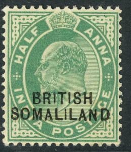 BRITISH SOMALILAND 1903 KEDVII 1/2a Light Green Scott No. 21 MH