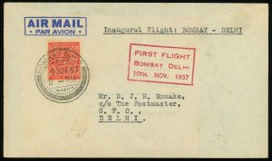 India Bombay to Delhi First Airmail Flight 2a Postage 1937 British Commonwealth