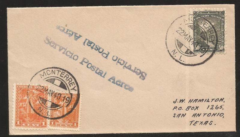 R) 1940 MEXICO, MONTERREY TO SAN ANTONIO TEXAS AIR MAIL SERVICE, MULTIPLE STAMPS