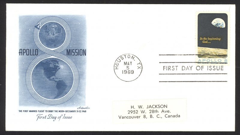 USA Sc# 1371   (Artmaster) FDC (a) (Houston, TX) 1969 5.5 Apollo 8