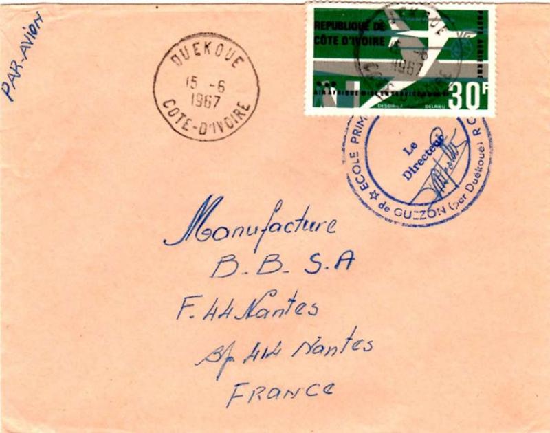 Ivory Coast 30F Air Afrique 1967 Ouekoue, Cote D'Ivoire Airmail to Nantes, Fr...