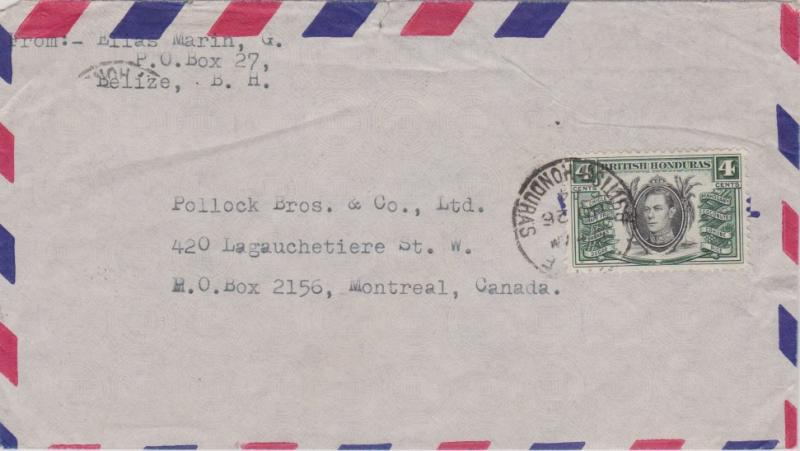 British Honduras 4c KGVI Local Products 1944 Belize, British Honduras Airmail...