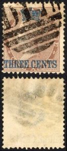 Straits Settlements SG3 3c on 1a Deep Brown used Cat 95  pounds