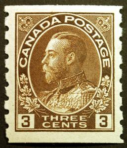 Canada #129 3c Brown 1918 King George V Perf 8 Coil VF Mint Lightly Hinged