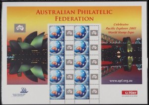 AUSTRALIA 2005 Pacific Explorer World Stamp Expo $5 SES, 50c Globe APF tabs.