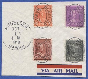 US Sc 811,817,823,828 Used Prexys on piece, 1949 Honolulu Hawaii Postmarks VF