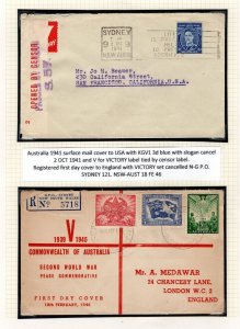 AUSTRALIA WW2 Covers{2} *V FOR VICTORY* Label & FDC PEACE Set 1941-46 JL161
