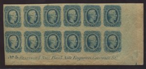 Confederate States 12 Plate Block of 12 Stamps (CSA Handbook 12-KB-ia) LV6441