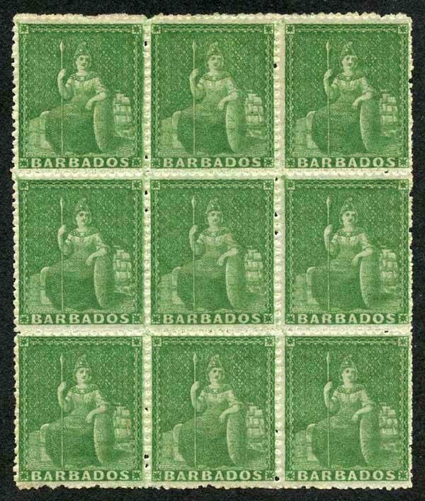 Barbados SG22 1861 (1/2d) Grass-green rough perf 14 to 16 Superb Mint Block of 9