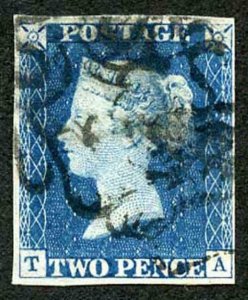 1840 2d Blue (TA) 4 margins Plate 1 (vertical crease) MUTLIPLE STRIKES of a MX