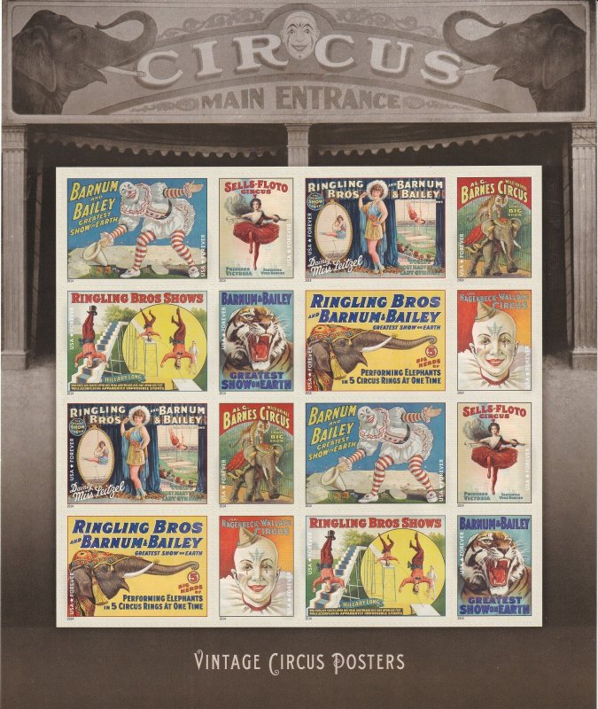 U.S Sc# 4898 / 4905 Forever Circus sheet adhesive pane of 16 MNH CV $32.00