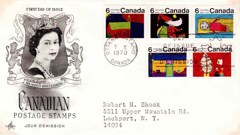 Canada 1970 FDC Sc 524 525 526 527 528 Christmas Artcraft Cachet First Day Cover