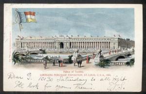 1904 Louisiana Purchase Expo card showing PALACE OF TEXTILES, 1¢ tied on front