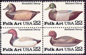 1985 Folk Art Duck Decoy Block Of 4 22c Postage Stamps, Sc# 2138-2141, MNH, OG