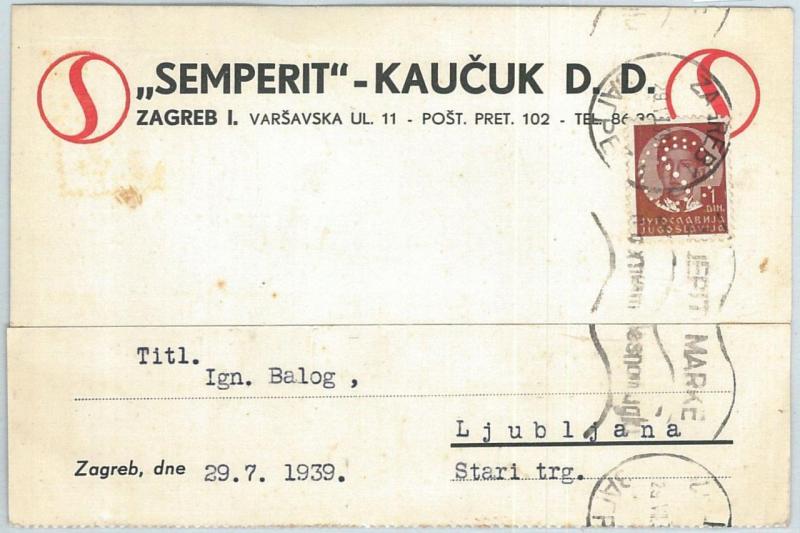 70174 - YUGOSLAVIA  - POSTAL HISTORY -  PERFIN stamp on POSTCARD  1939