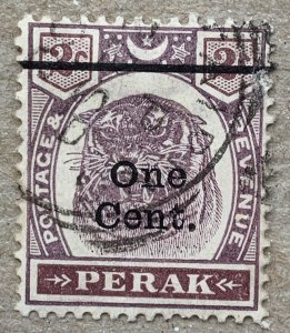 Malaya Perak 1900 1c on 2c Tiger, nicely used. Scott 62, CV $2.75. SG 81