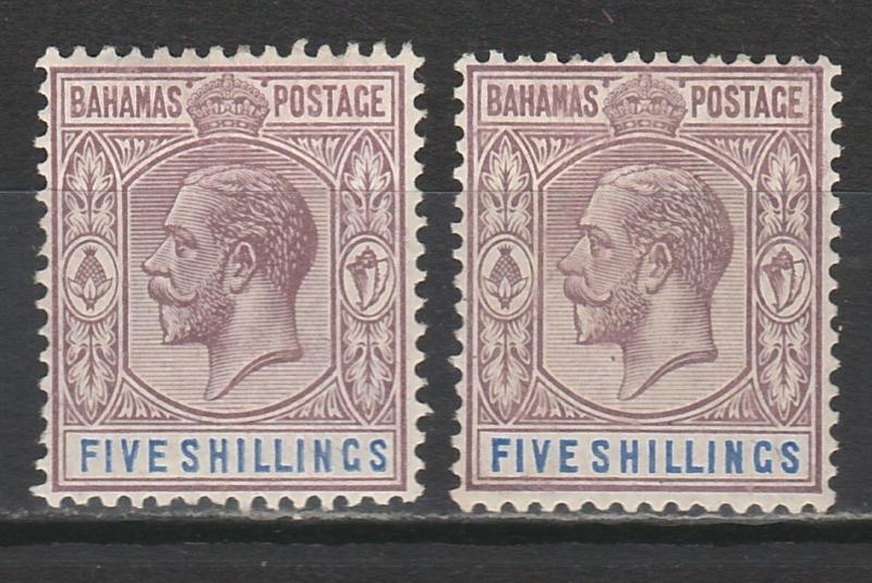 BAHAMAS 1912 KGV 5/- 2 DIFFERENT SHADES WMK MULTI CROWN CA