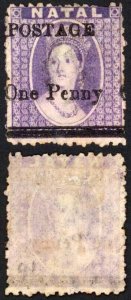 Natal SG92 1d on 6d Violet Wmk CC Mint (no gum) Cat 90 pounds