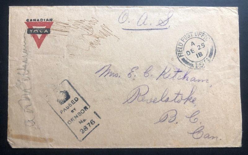 1918 Bonn Germany YMCA Canadian Field Post Censored Cover To Revelstoke WWI