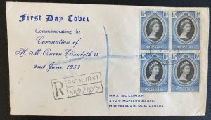 1953 Bathurst Gambia First Day Cover Queen Elizabeth 2 coronation Stamp Block Qe