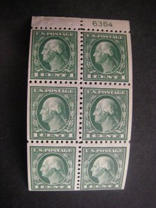 Scott 424d, 1c Washington, pane of 6 with tab & Plate #6364, MNH Booklet Beauty