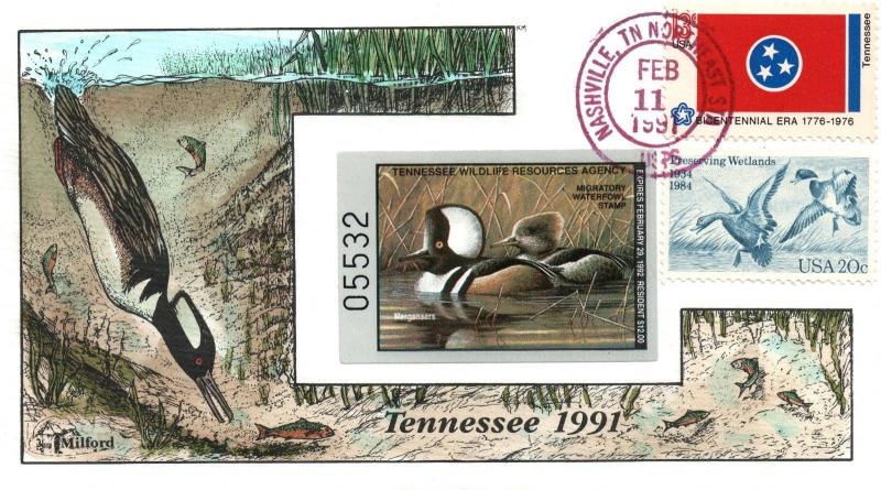 1991 Nashville Tennessee USA Duck Stamp Milford Hand Painted First Day Cover
