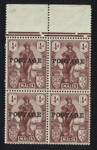 Malta Allegory 'POSTAGE' Ovpt ¼d Brown Block of 4 1922 MNH SG#143