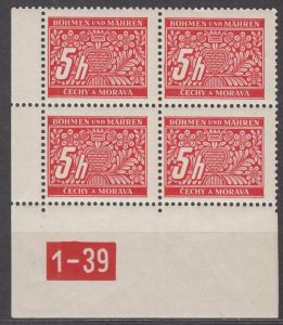 Bohemia & Moravia Scott #J1 1939 Plate 1-39 Block of 4 MH