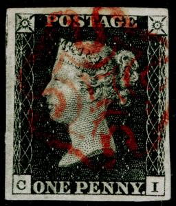 SG2, 1d black PLATE 4, FINE USED. Cat £400. RED MX. USA CERT. 4 MARGINS. CI