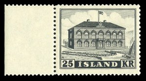 Iceland #273 Cat$240, 1952 25k Parliament Building, left margin single, never...