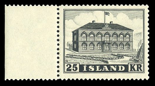 Iceland #273 Cat$240, 1952 25k Parliament Building, left margin single, never...