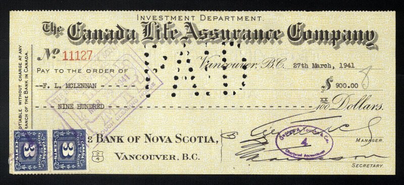 C4 Canada Life Assurance Co. bank draft, 1941, revenue stamp Van Dam #FX64 pair