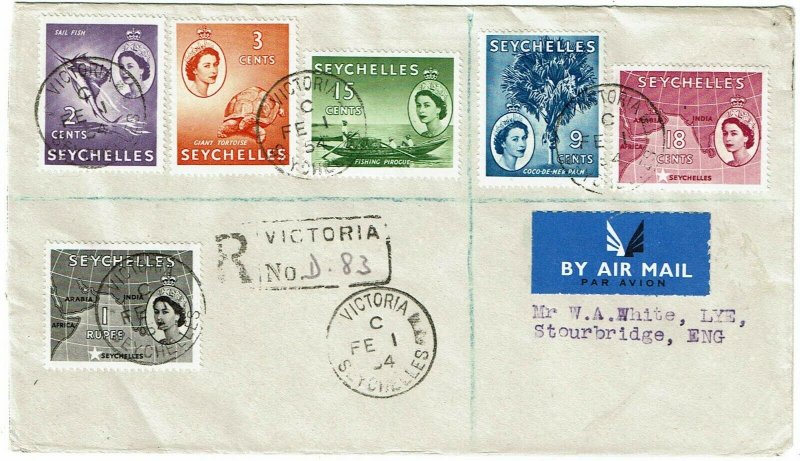 Seychelles 1954 Victoria cancel on registered cover to England