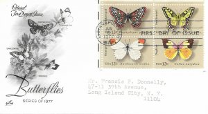 1977 FDC, #1710a, 13c Butterflies, Art Craft, block of 4