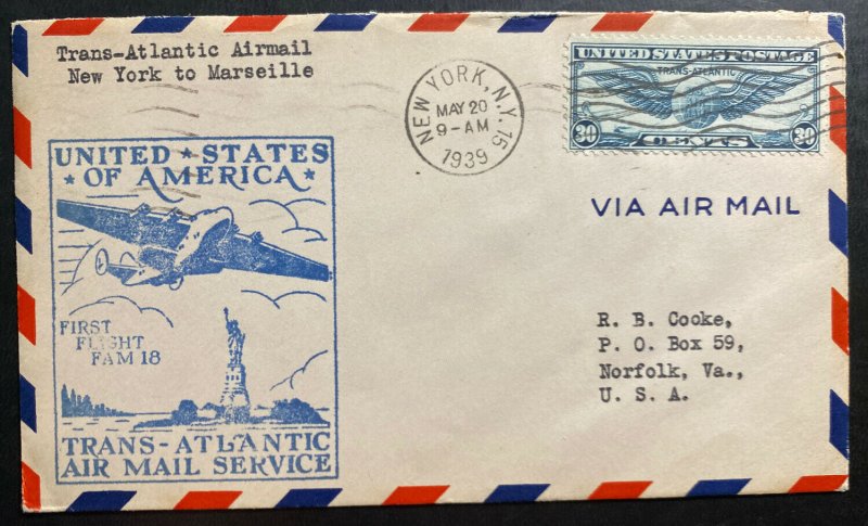 1939 New York USA First Trans Atlantic Flight  Cover To France FAM 18 PAA