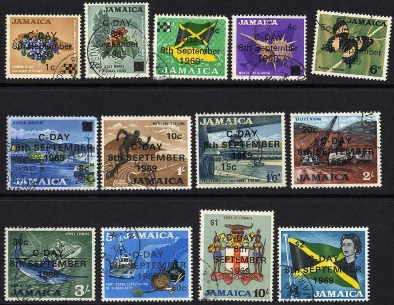 Jamaica SG280/82 C-Day overprint Set of 13 Fine Used Cat 19 pounds
