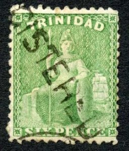 Trinidad and Tobago SG72a 6d yellow-green Wmk CC Perf 12.5 STRAIGHT Line pmk