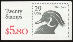 US BK174 UNOPENED, 20 @ 29¢ = $5.80. Plate #2222. Wood Duck.  2021 SCV $12.00