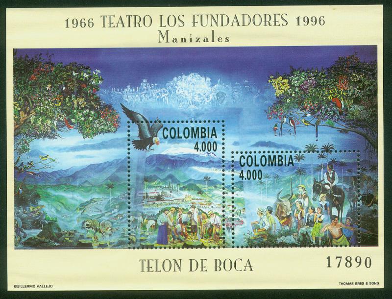 COLOMBIA 1126, FOUNDERS THEATER, MANIZALES. MINT, SOUV SHEET NH. F-VF. (531)