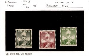 Greenland, Postage Stamp, #1-3 Mint NH, 1938 King Christian X (AO)