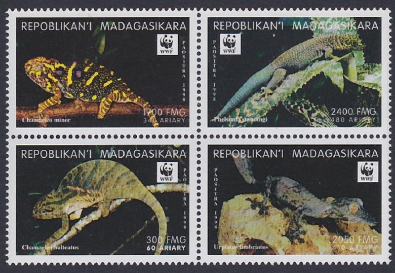 Madagascar WWF Geckos and Chameleons 4v block 2*2 reprint MI#2313=2317