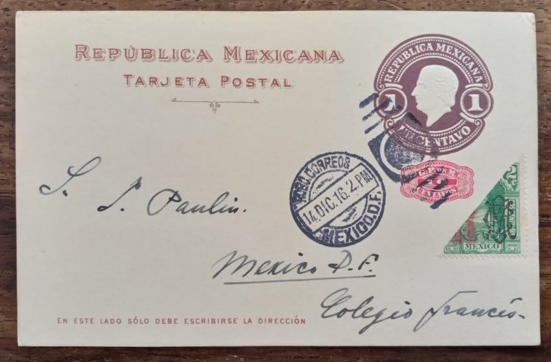 Mexico Stationary cover 1916 Postal Card 1c, 10c overprint and cut half 2c stamp