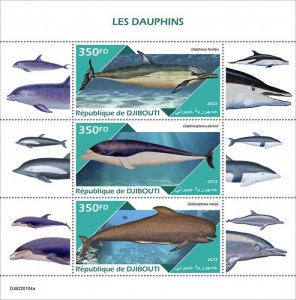 DJIBUTI - 2022 - Dolphins - Perf 3v Sheet - Mint Never Hinged